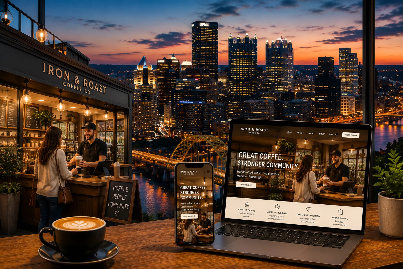 Pittsburgh skyline at sunset with an Iron & Roast café website displayed on a laptop and phone